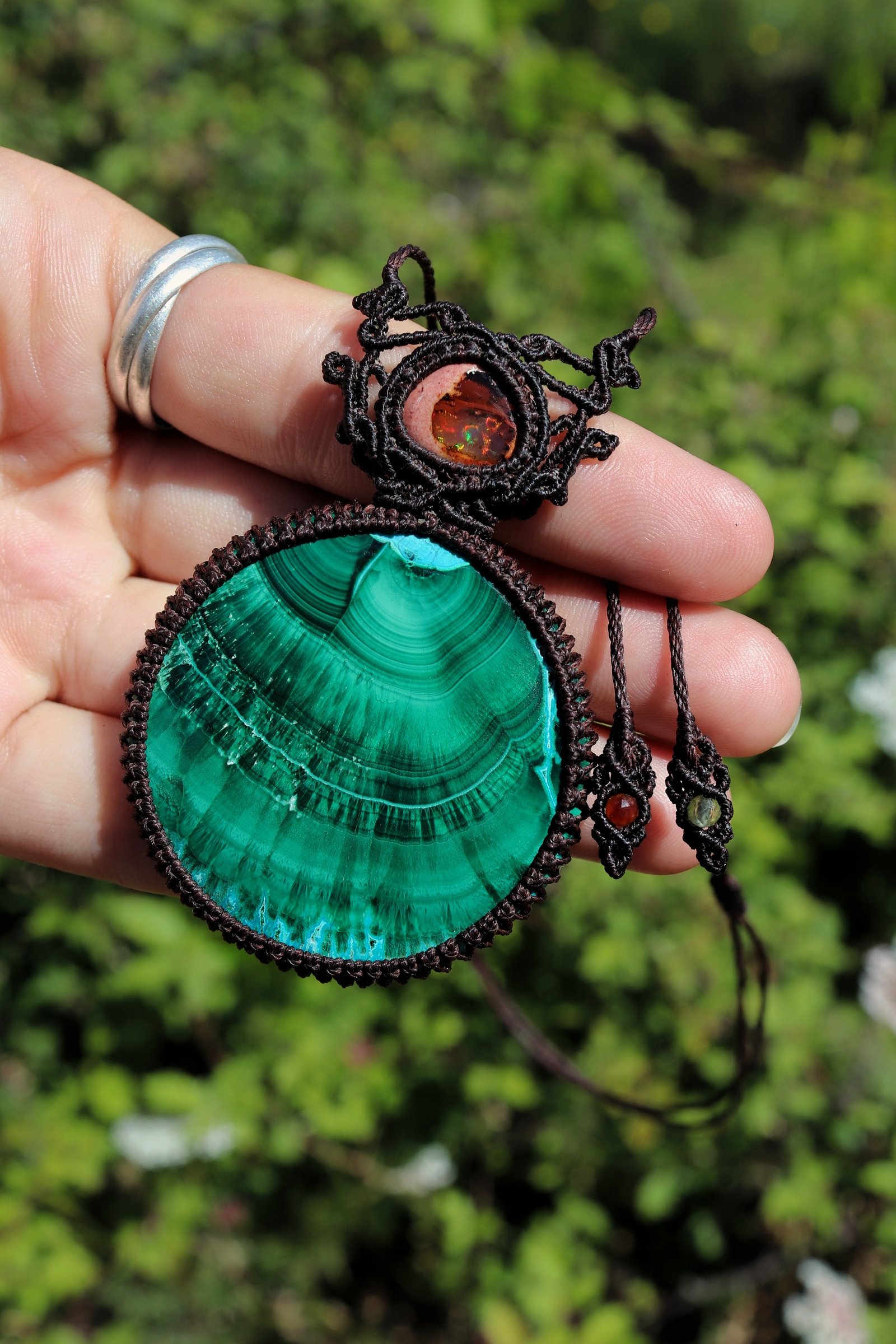 Malachite huge necklace with opal, fire opal, green big malachite, genuine malachite gemstone necklace