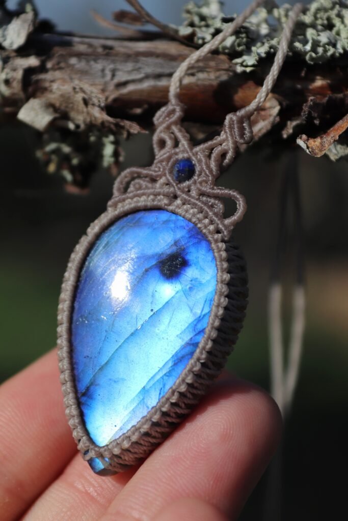 Sky blue labradorite necklace, micro macrame jewelry, with lapis lazuli beads, strong labradorites