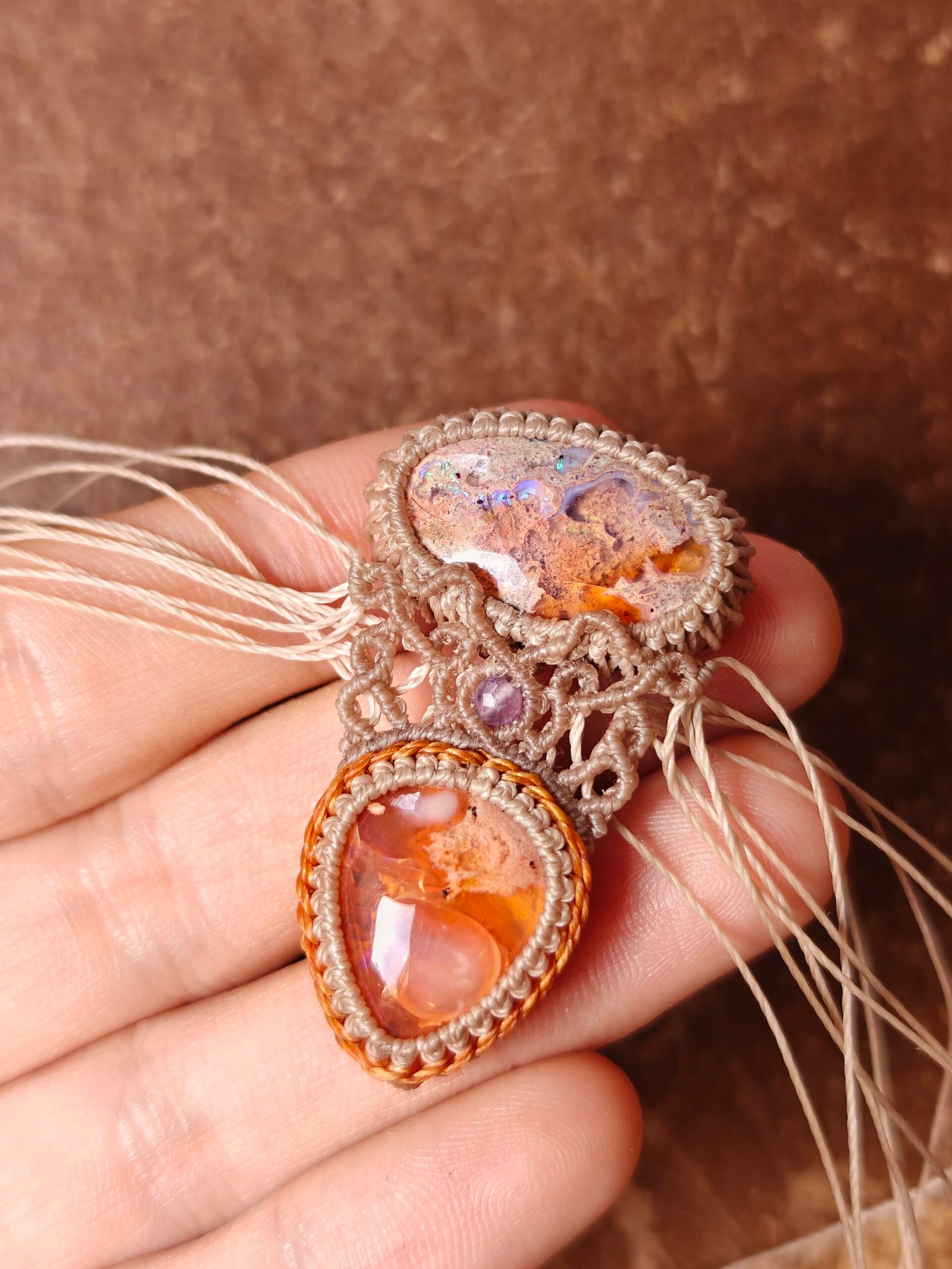 Macrame necklace in process, custom order macrame necklace, bohemian opal jewelry