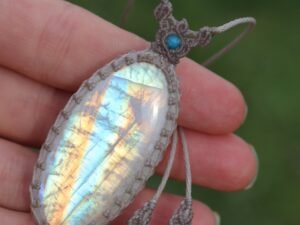 Big RAINBOW MOONSTONE pendant with apatite beads