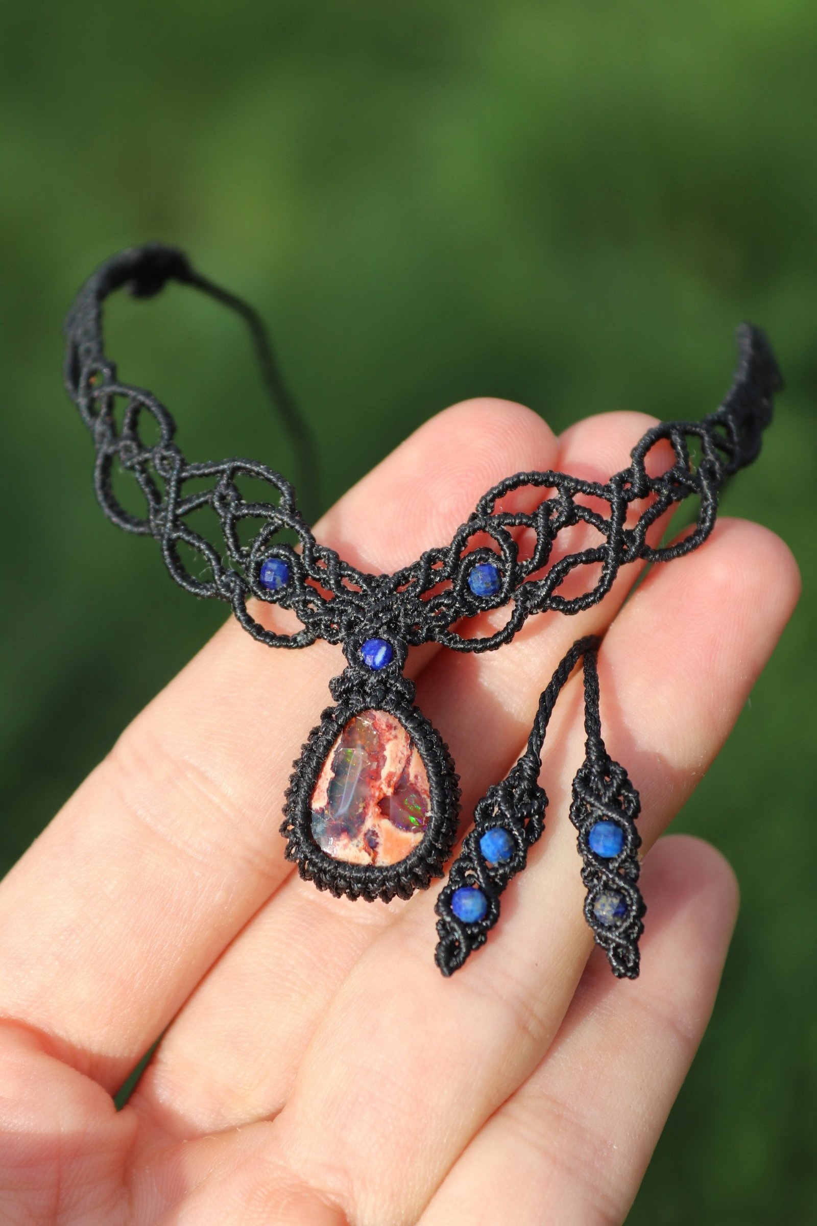 Black opal choker, gothic handmade jewelry, with lapis lazuli beads, micro macrame with ultra thin cord