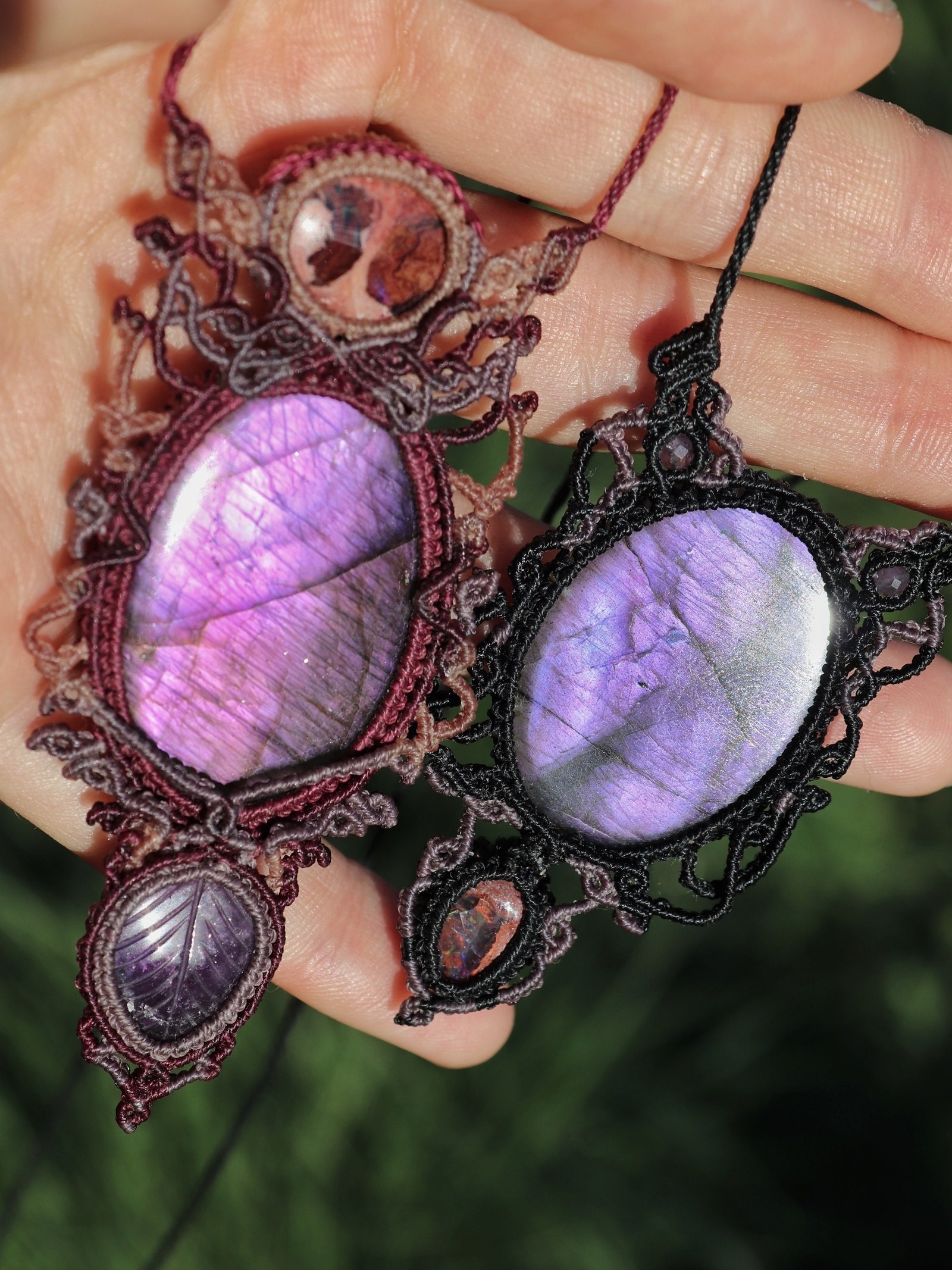 Purple and lavender labradorite necklaces, handmade macrame