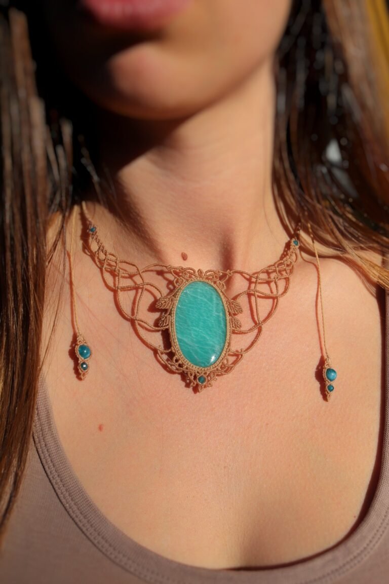 Amazonite macrame necklace, Choker necklace micro macrame necklace, With Apatite beads