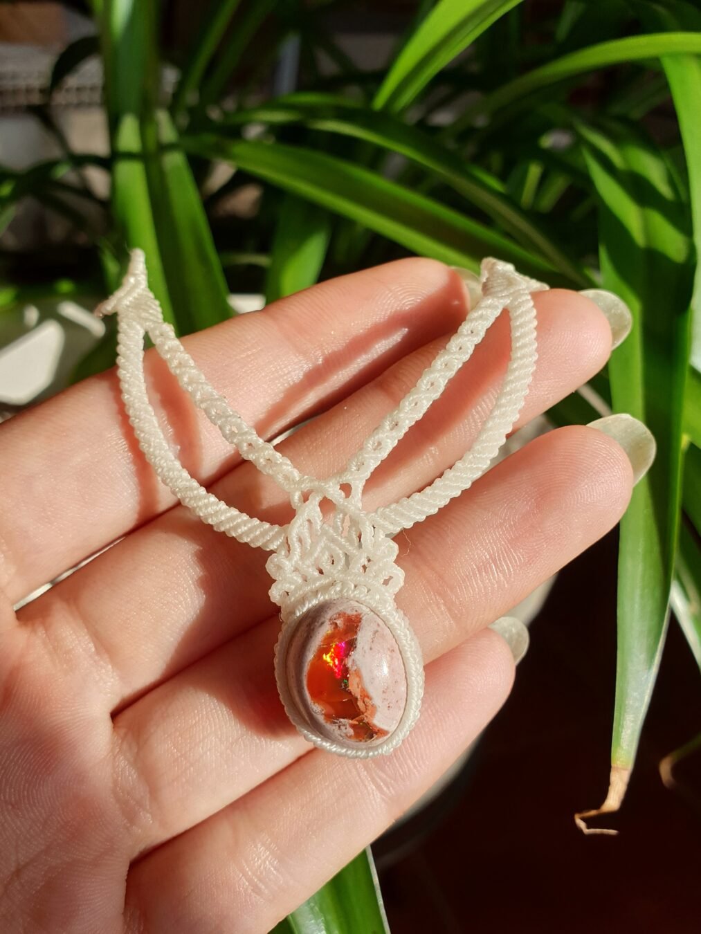 White opal choker in micro macrame