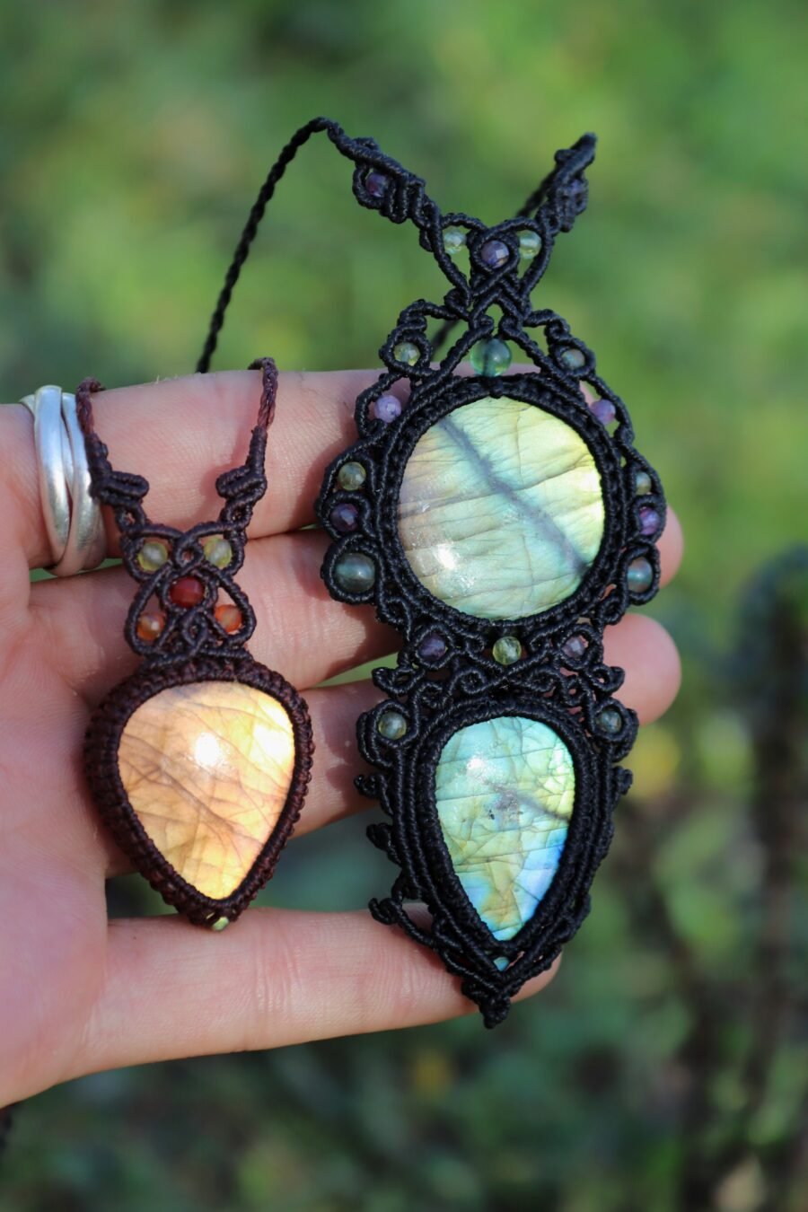 Labradorite jewelry in micro macrame. Handmade gemstone custom jewelry. Made to last jewelry