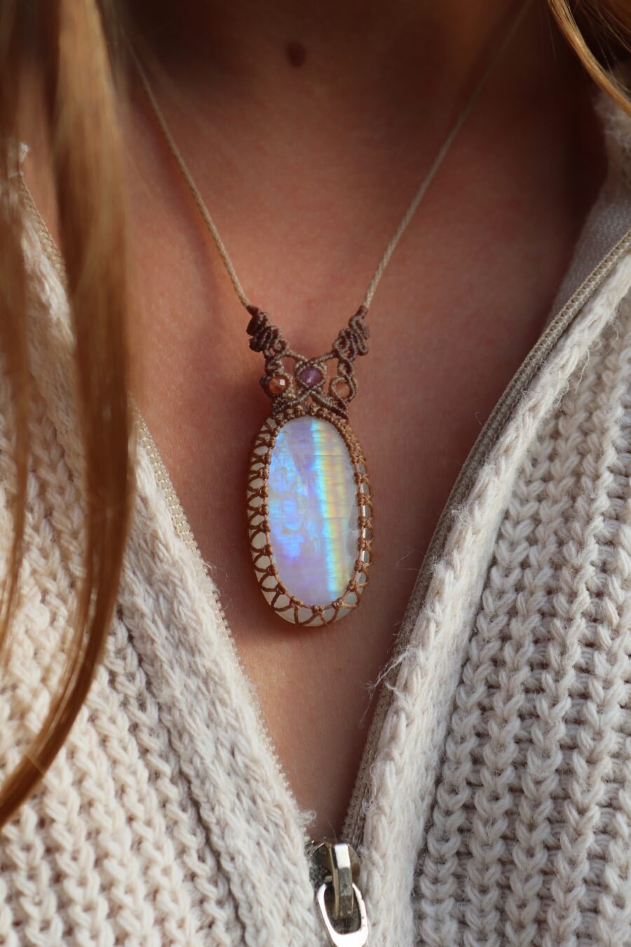 Moonstone necklace in baige macrame cord handmade