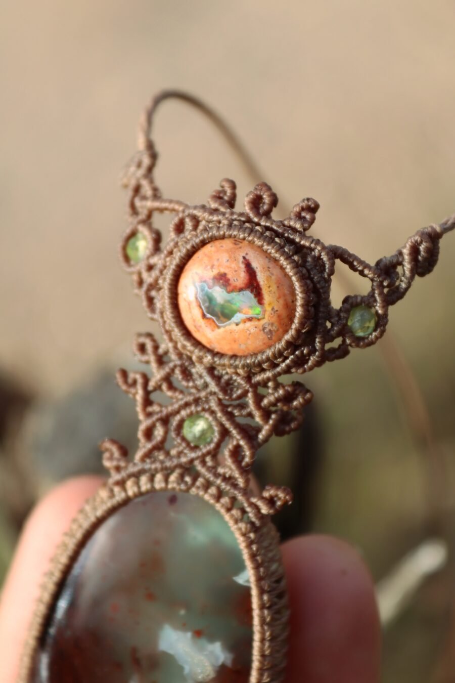 Opal peridot and chalcedony necklace, handmade with durable macrame cord. Natural maxican opal