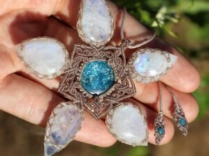 MOONSTONE and APATITE pendant - huge Mandala