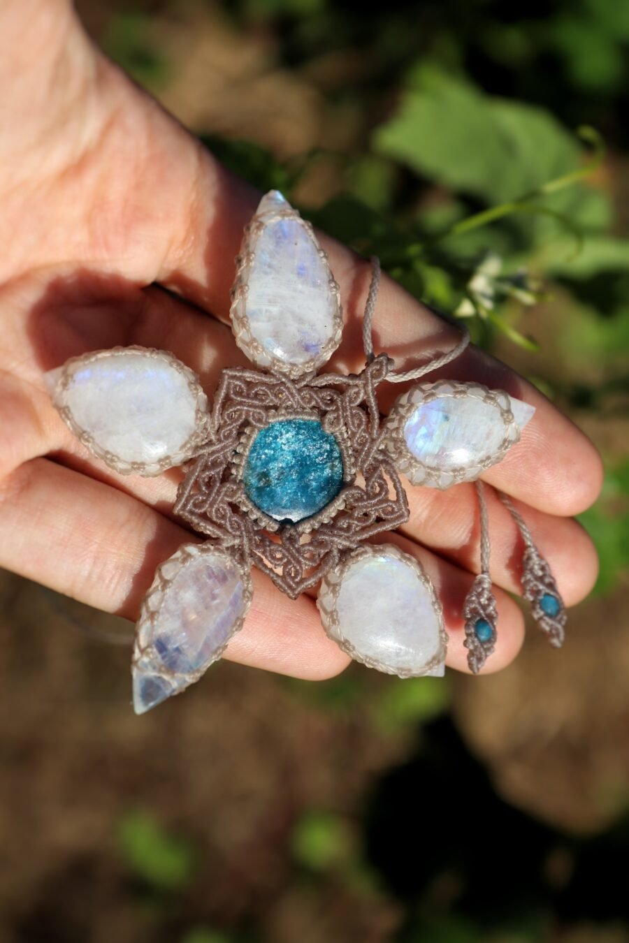 MOONSTONE and APATITE pendant – huge Mandala