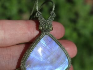 Big blue MOONSTONE pendant with peridot beads