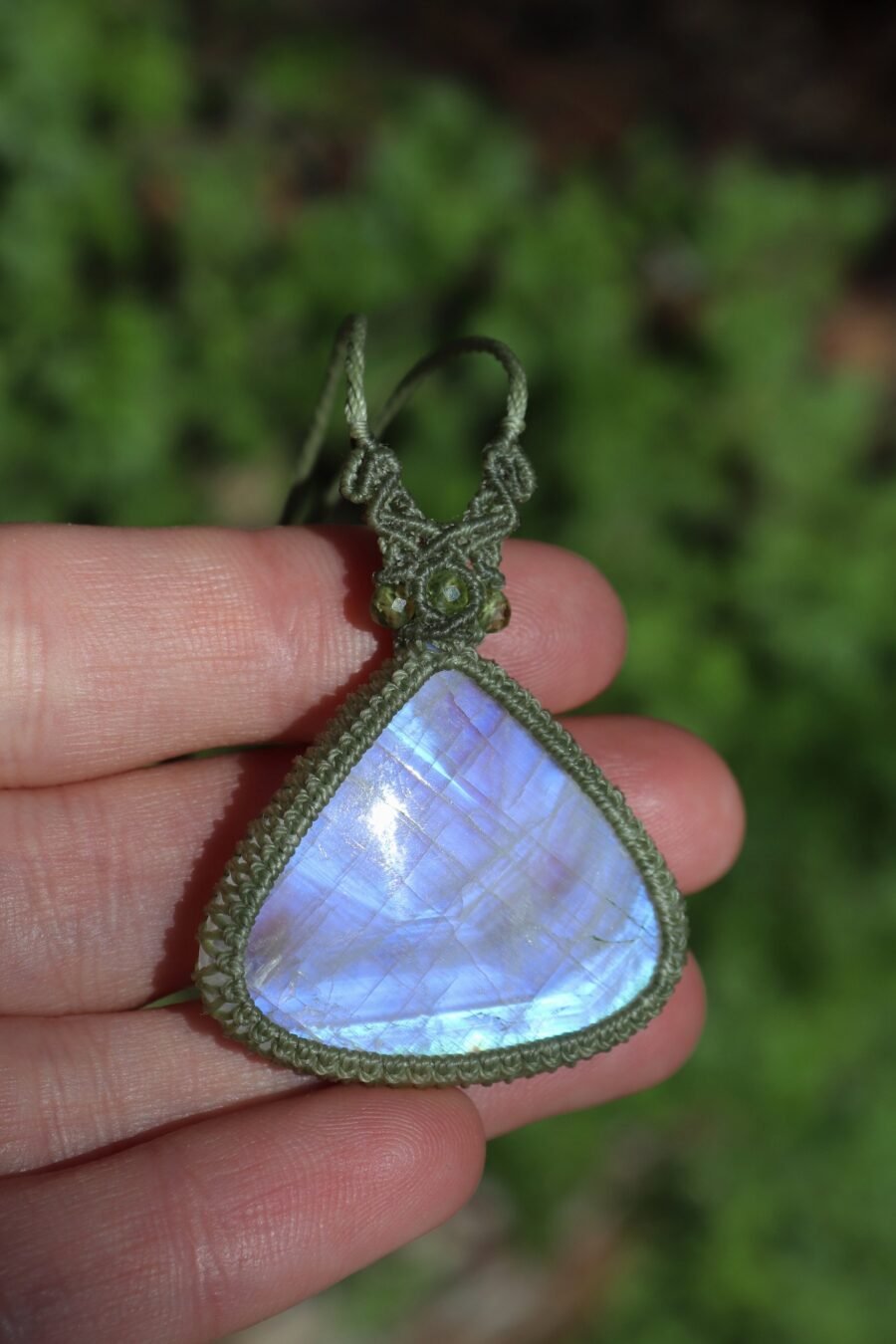 Big blue MOONSTONE pendant with peridot beads
